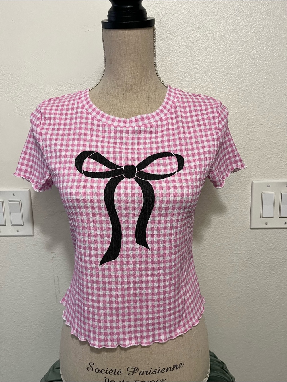 SO Pink Gingham Short Sleeve Top with Black Bow